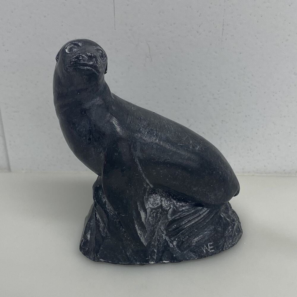 Soapstone Carving Seal on Rock Figurine A Wolf Original Hand Made Canada